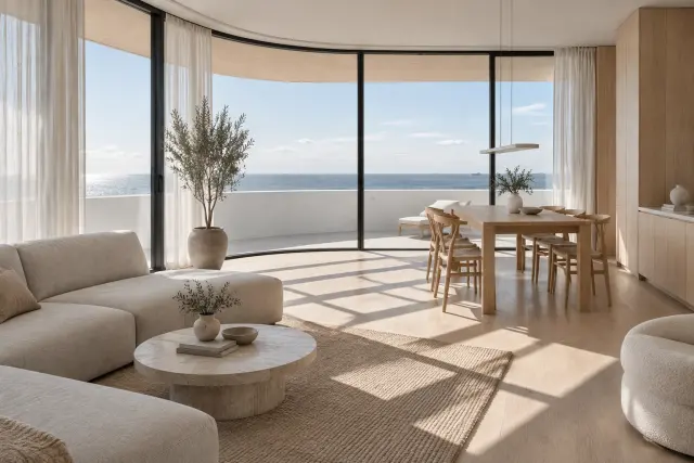 Salon penthouse’u otwarty na głęboki taras i morze, lniana sofa i dębowa podłoga