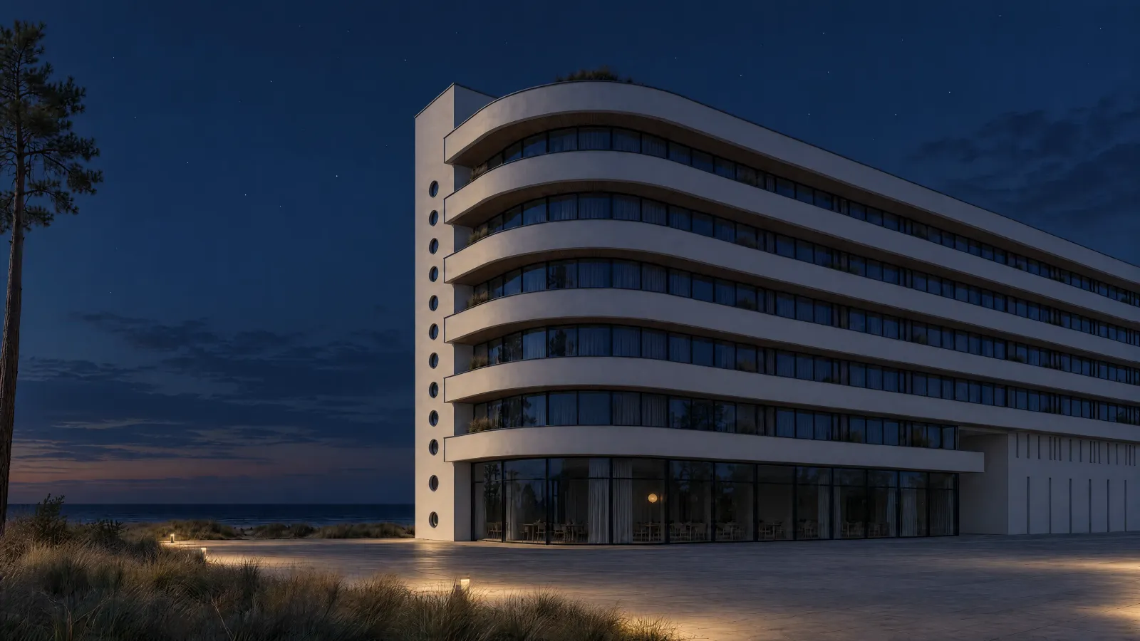 Equinox nocą: ten sam widok co na początku strony, w oknach zapala się światło